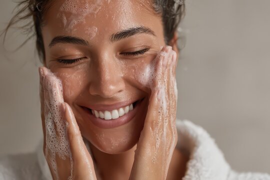 Smiling woman enjoying facial cleansing foam in a relaxing spa setting during a rejuvenating beauty treatment