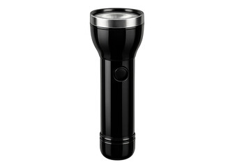 Black tactical flashlight with polished silver reflector, gleaming on clean transparent surface, showcasing modern illumination technology