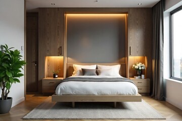 Cozy and modern wall bed design in a small bedroom, creating extra space and functionality Ideal for studio apartments or maximizing small living spaces , interior design, fold-down bed