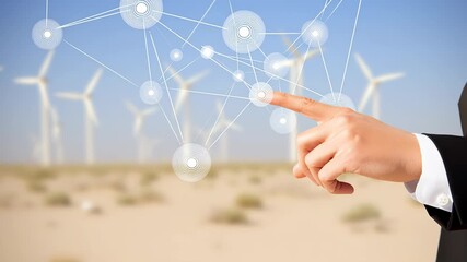 Business professional in a suit interacts with digital network icons, set against a backdrop of wind turbines in a desert landscape, symbolizing innovation and renewable energy - Powered by Adobe