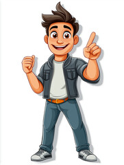 Cheerful cartoon character with dark hair, wearing black jacket, white shirt, and jeans, stands with one hand raised and other in fist, conveying excitement