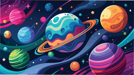 Colorful cartoon planets and stars in deep space illustration suitable for space themes or educational designs