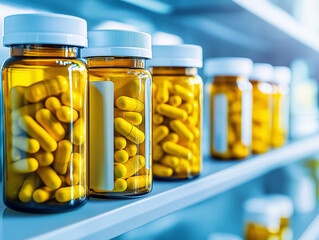 Rows of amber pill bottles filled with yellow capsules are neatly arranged on pharmacy shelf, reflecting sense of order and precision in healthcare setting