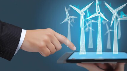 Business professional interacting with a digital tablet displaying holographic wind turbines, showcasing renewable energy technology and innovation in a modern workspace environment - Powered by Adobe