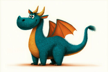 Cheerful cartoon dragon with blue scales, orange wings, and playful expression stands on white background. Its friendly demeanor and vibrant colors make it appealing
