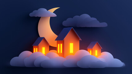Serene night scene features glowing houses nestled among clouds under crescent moon, creating minimalist and dreamy atmosphere