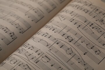 Sheets with musical notes as background, closeup