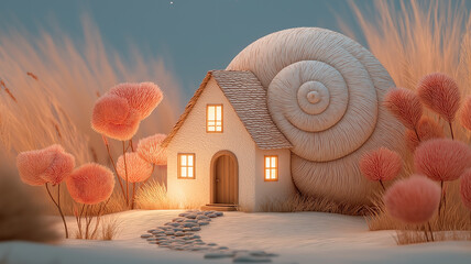 Cozy fairytale cottage with giant snail shell roof is surrounded by whimsical pink trees and soft grasses under twilight sky, creating magical and serene atmosphere