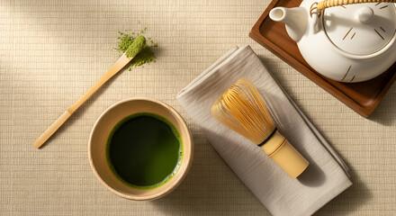 Top-down view of matcha in a wooden bowl with whisk, teapot and tatami mat in a calm Japandi setting
