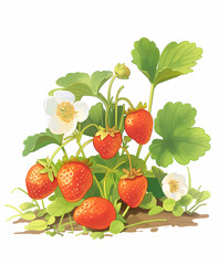 Vibrant illustration of strawberry bush with ripe red strawberries and green leaves, showcasing white flowers. scene is lively and fresh, capturing essence of flourishing garden