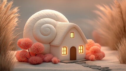 Cozy fairytale cottage with snail shell roof glows warmly amidst whimsical pink trees and soft grasses, creating magical and serene atmosphere