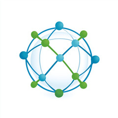 Stylized globe with interconnected blue and green nodes represents global connectivity and network systems. design is minimal and modern, conveying sense of technology and communication