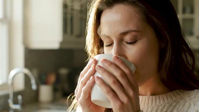 4k video of a woman drinking coffee generated with ai