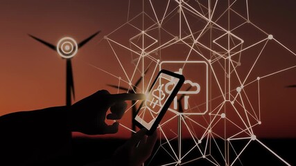 Hand holding smartphone displaying digital weather icons against wind turbines in sunset, illustrating renewable energy technology and smart applications for environmental awareness and sustainability - Powered by Adobe