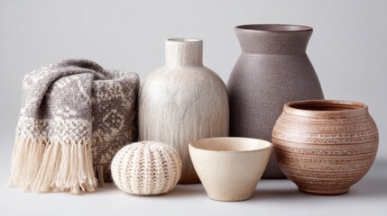 Rustic ceramic vases and cozy textiles with knitted and patterned details