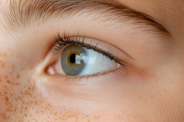 Obraz premium Macro shot of a hazel eye surrounded by fair skin with freckles, capturing detail and color nuance. Beauty concept, eye care, healthy skin.