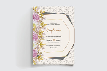 WEDDING INVITATION FRAME WITH FLOWER DECORATIONS AND FRESH LEAVES