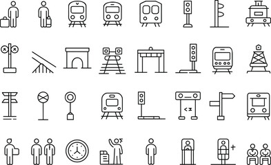 Railway station line icons set, train travel symbols, metro transport signs, passenger elements, minimal stroke design, vector illustration