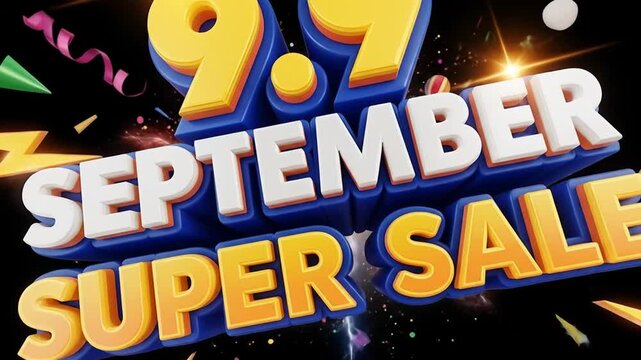 9.9 September Super Sale announcement with vibrant 3D text and celebratory confetti.