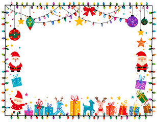 Naklejka premium Cartoon Christmas Border with Santa, Reindeer, Gift Boxes, and Hanging Lights, Colorful Vector Style, Transparent PNG