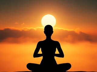 Woman young person in yoga pose meditation at sunset.