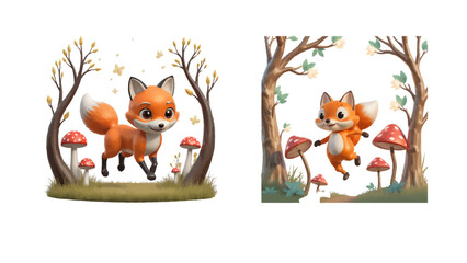 Charming cartoon foxes exploring whimsical mushroom forests create playful storybook magic for kids' products and adorable seasonal designs