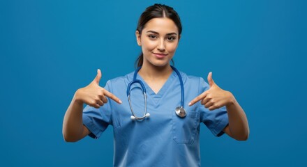 Female nurse pointing downwards with both hands on blue backdrop