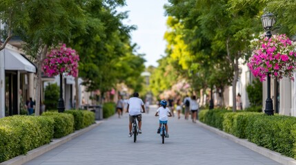 Family Biking Down Green Pedestrian Boulevard with Boutique Shops