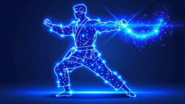 Dynamic martial artist in blue glowing attire performs a powerful karate stance, surrounded by sparkling energy effects, showcasing strength and precision in a captivating illustration