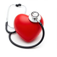 Stethoscope examining a red heart shape on white background