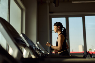 Woman Running on Treadmill in Sunlit Gym Environment for Fitness and Health