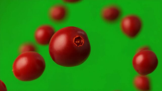 Floating Red Cranberries on Chromakey Green Screen for Healthy Food and Fruit Video Animations