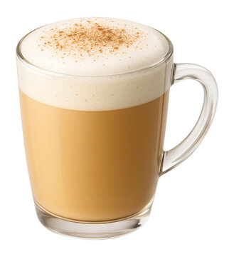 A clear glass mug of vanilla-flavored latte with a frothy milk top and a dusting of cocoa powder