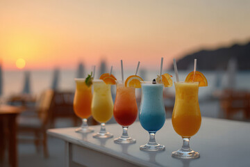 vibrant array of top  most famous cocktails beautifully arranged on tropical poolside or beach setting