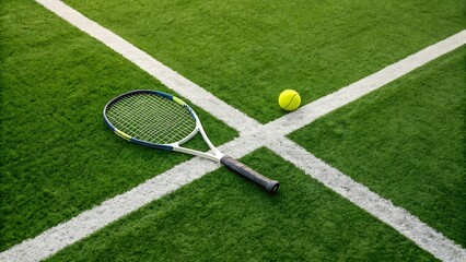 Tennis racket and ball resting on white line of artificial court capturing still moment of outdoor sport