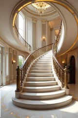Elegant Hollywood-style staircase, sweeping grand design, ornate details, luxurious home interior Perfect for architectural, design, and luxury lifestyle imagery , real estate, property, sweeping