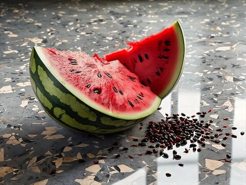 A large, vibrant red slice of juicy watermelon with black seeds, with a portion being cut by a knife