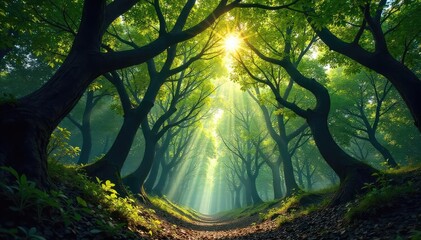 Fototapeta premium Intricate network of dark brown forest branches reaching towards the sky, sunlight dappling through the leaves Perfect for nature, woodland, or fantasy themes , leaf, aerial, sunlight