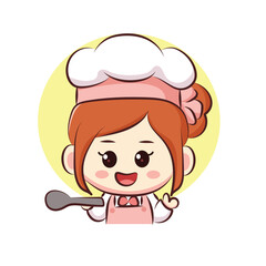Cute bakery chef girl smiling bring a spatula mascots cartoon art illustration