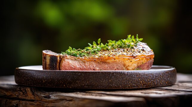 Herb crusted rack macro shot showcasing gourmet lamb rack with vibrant green herb topping, juicy pink interior, professional restaurant plating