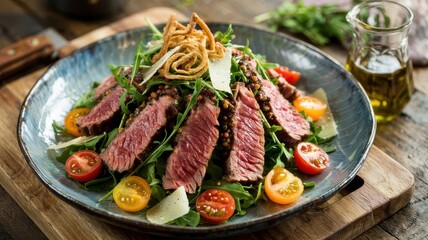 Steak arugula salad with sliced medium-rare beef on fresh greens, cherry tomatoes, parmesan shavings, and crispy onion garnish in blue ceramic plate