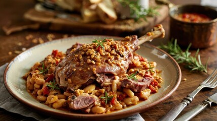 Duck leg cassoulet with white beans and herbs on rustic ceramic plate, traditional French cuisine with breadcrumb topping and rosemary garnish
