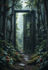 A serene open door revealing a vibrant sunset over a lush field, surrounded by blooming flowers