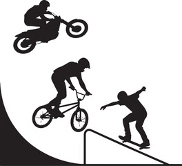 Fototapeta premium Motocross rider bmx cyclist skateboarder performing stunts motorcycle bicycle