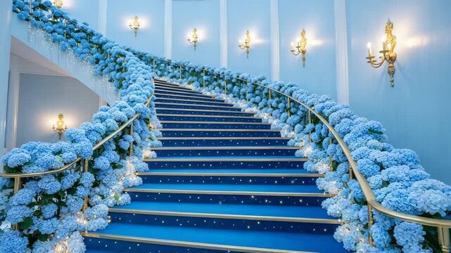 Enchanted Blue Staircase:  Luxury Hydrangea Decor, Sparkling Lights, Elegant Interior