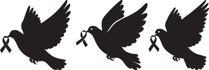 Three flying doves carrying awareness ribbons silhouette