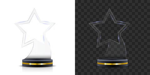 Modern glass award set with standing plaques and winner cup shapes. Ideal for sports achievements, employee awards, business recognitions and competition ceremonies. Transparent background.