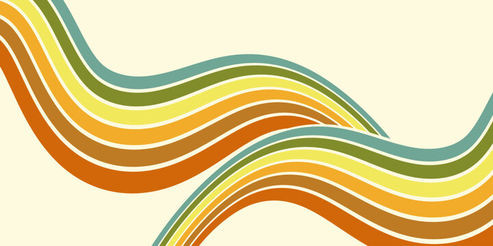 Abstract colorful 70s background vector. Vintage retro wallpaper with rainbow stripes and wavy lines. A 1970 color illustration suitable for posters, banners, decorative items and wall art.