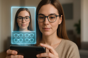 Woman Trying On Virtual Glasses with Holographic Display on Smartphone