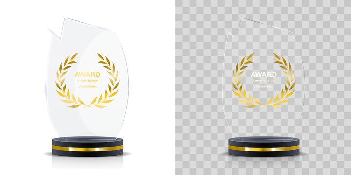 Set of transparent glass trophy awards. Includes crystal plaques and acrylic pedestal prizes for sport achievements, competitions, business events and victory celebrations. High-res PNG format.